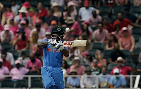 India's batsman Shikhar Dhawan plays a shot during the fourth One-Day International cricket match between South Africa and India at the Wanderers stadium in Johannesburg, South Africa. | AP