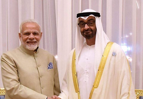Prime Minister Narendra Modi shakes hands with the Crown Prince of Abu Dhabi Deputy Supreme Commander of U.A.E. Armed Forces General Sheikh Mohammed Bin Zayed Al Nahyan | PTI