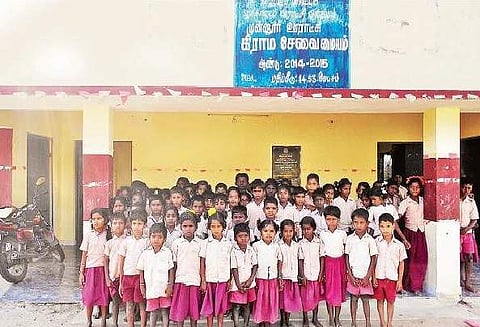 Kids of the Panchayat union primary school at Munnur village in Villupuram after shifting to the the e-seva centre | Express
