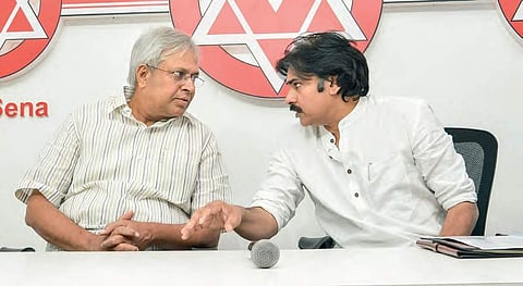 Former MP Undavalli Arun Kumar with Jana Sena Party chief in Hyderabad on Sunday | Express