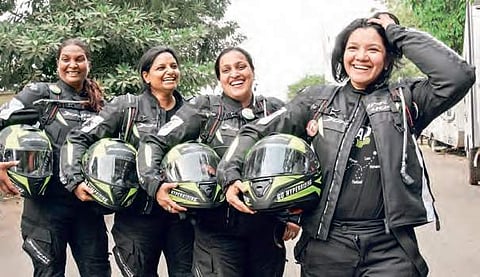 The women bikers, en route to India-Myanmar-Thailand trilateral highway, pose for a photo on Sunday in Vijayawada | EXPRESS