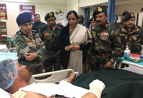 Defence Minister Nirmala Sitharaman met those injured in the Sunjuwan Army Camp attack at the Military Hospital in Jammu. (Photo | Twitter/ANI)