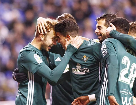 Real Betis players celebrating after scoring against Deportivo La Coruña (Photo | Real Betis Twitter)