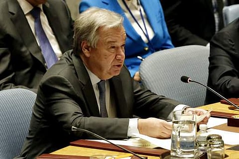 U.N. Secretary-General Antonio Guterres addresses the United Nations Security Council. (Photo | AP)