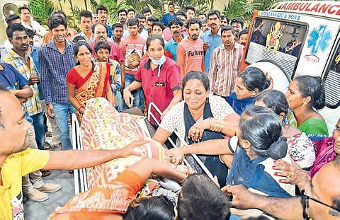 Relatives of the man who was swept away by a strong wave at Jodugulapalem beach in Vizag on Wednesday. He was rescued by the expert swimmers | Express