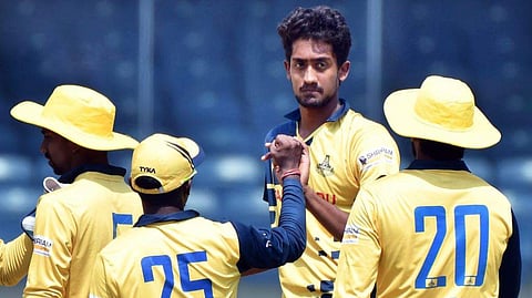 Tamil Nadu’s R Sai Kishore (C) claimed a fifer against Team Rajasthan, on Wednesday in Chennai. (EPS | D Sampathkumar)