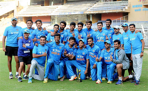 India Under 19 team players pose for a group photo after winning the series against England Under 19. (File photo | PTI)