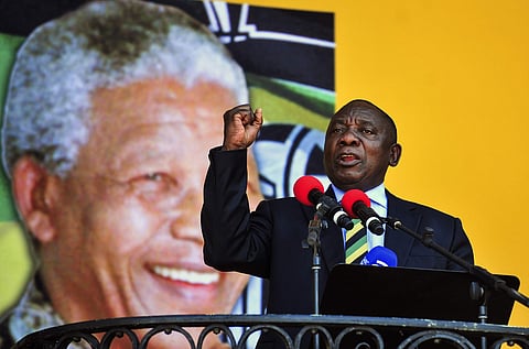 South African President and African National Congress party President Cyril Ramaphosa, delivers a speech at the Grand Parade in Cape Town. | AP