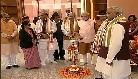 PM Narendramodi, BJP National President AmitShah, LK Advani, Dr Murli Manohar Joshi and other senior leaders at BJP's new headquarters at Deen Dayal Upadhyaya Marg, Delhi. (Twitter Photo: @BJP4India)