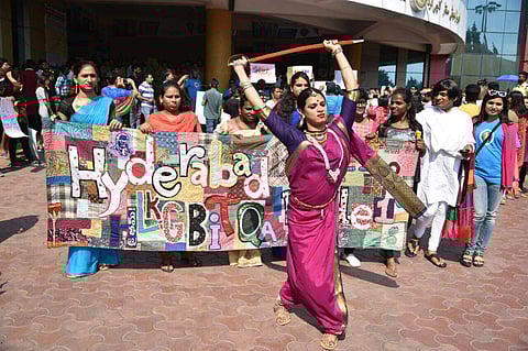 Telangana's Hyderabad saw thousands of members from the lesbian, gay, bisexual, transgender and queer community taking to the streets, calling out to reclaim their self-respect as well as social inclusivity, on Sunday, 18 February 2018.  (Express Photo Se