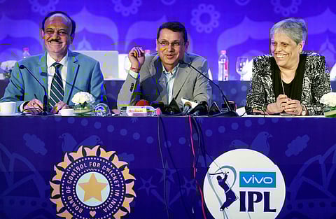 BCCI president C.K.Khanna with Star India chairman Uday Shankar and member of CoA BCCI Diana Edulji during a press conference in Mumbai. | File  PTI