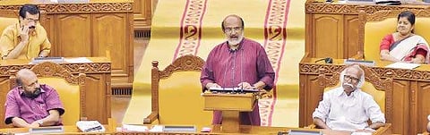 Finance Minister T M Thomas Isaac presenting the state budget at the Legislative Assembly on Friday  B P Deepu