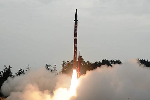 Agni-II missile being test fired from Kalam Island off Odisha coast. (EPS)
