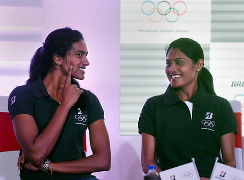 Shuttler PV Sindhu and athelete Lalita Babar during a promotional event in Mumbai. | PTI