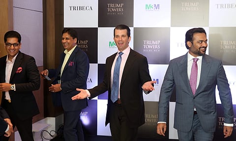 Donald Trump Jr. poses for a photograph ahead of a round table meeting in New Delhi on Tuesday. ( Express photo| Shekhar yadav)