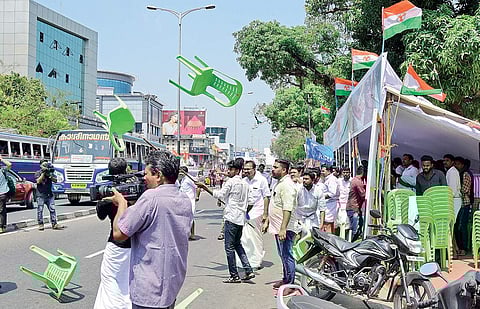 KSU activists hurling plastic chairs at the police team during an agitation in front of the Secretariat on Tuesday in protest against the murder of Youth Congress leader Shuhaib in Kannur | B P Deepu