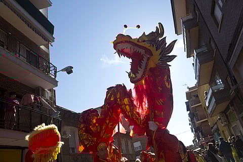 Lunar New Year also known as the Chinese New Year is one of the most important Chinese festivals. The celebration lasts for a week. This year the celebration began from 16th February and it will end today. In pic: Participants take part in celebrations of