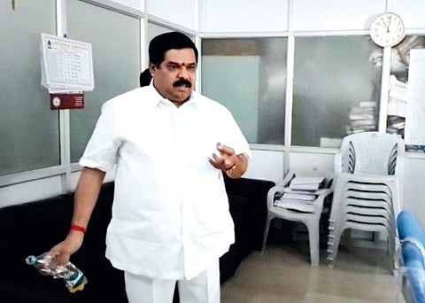 Narayanswamy, a Congress leader, at the BBMP office in Horamavu