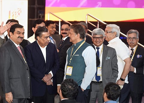 Industrialist Mukesh Ambani, Gautam Adani and Anand Mahindra attend the UP Investors Summit 2018 in Lucknow on Wednesday | PTI Photo