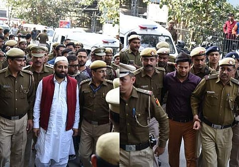 AAP MLAs Amanatullah Khan (L) and Prakash Jarwal (R) being produced at Tees Hazari Court in New Delhi (Express Photo | Parveen Negi)