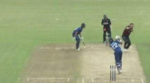 Auckland Aces batsman Jeet Raval danced down the track and smacked it back to the head of Ellis before the ball flew over the rope for a six. (Photo | Screengrab from Youtube)