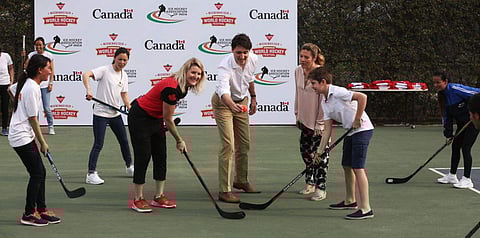 Canadian Prime Minister Justin Trudeau with his family participate in an Ice Hockey event at the Canadian High commission in New Delhi on Saturday. (Express Photo | Shekhar Yadav)