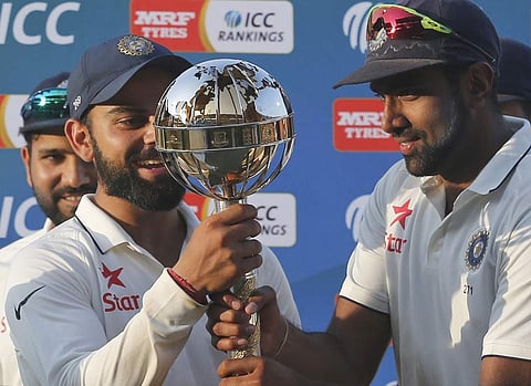 File Photo of Virat Kohli and Ravichandran Ashwin hold the ICC Test Championship mace. | AP