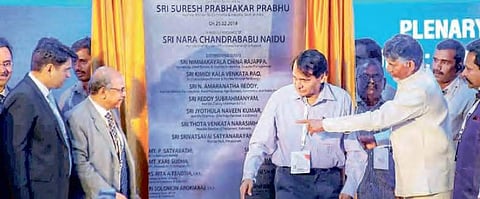 CM N Chandrababu Naidu and Union Minister for Commerce & Industry Suresh Prabhu during the foundation stone laying ceremony for two institutions in Kakinada at the CII Summit in Vizag on Sunday. | EXPRESS