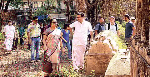 Hibi Eden MLA, members of the Archaeological Department and Jewish community visiting the Jewish Cemetery near St Teresa’s College in Kochi on Sunday | Melton Antony