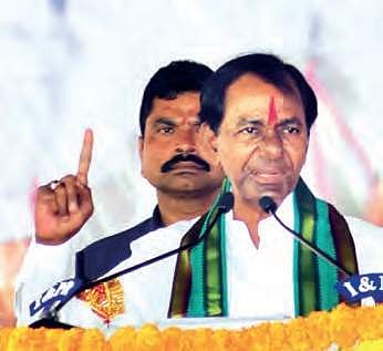 Chief Minister K Chandrashekhar Rao speaking at the mandal-level farmers’ coordination committees meeting on Monday | Express