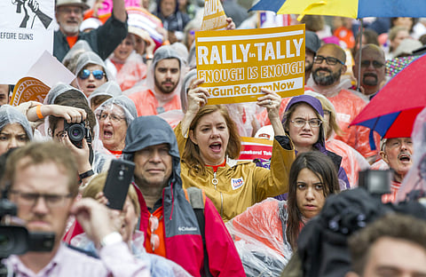 The Rally in Tally protesters chant after marching to the Florida Capitol for the Rally in Tally in Tallahassee, Fla., Feb 26, 2018. | AP