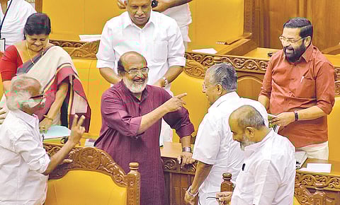 Finance Minister Thomas Isaac exults after presenting the Kerala Budget in the Assembly on Friday (EPS | B P Deepu)