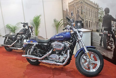 A blue Harley Davidson at the expo, which is hosted at the Chennai Trade Center for November 5-6. (Photo | Ashwin Prasath)