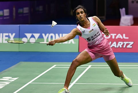 India badminton player PV Sindhu in action against Zhang Beiwen of USA in the women singles final match of the India Open 2018 in New Delhi. (PTI)