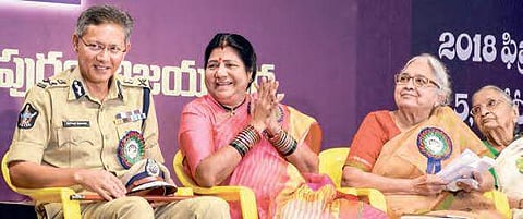 Top cop Gautam Sawang, AP Women Commission chairperson N Rajakumari and others at the venue of the Taruni Tarangalu, festival for women, in city  on Monday| Express
