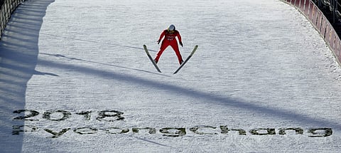 France's Jonathan Learoyd practices for the men's ski jumping competition in the 2018 Winter Olympics at the Alpensia Ski Jumping Center in Pyeongchang, South Korea. | AP