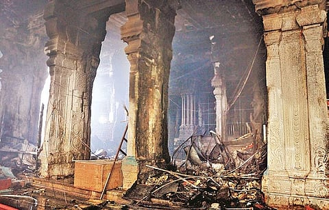 The East Tower of Meenakshi Temple, Madurai which was engulfed in fire. (Express photo)