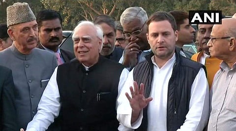 Congress leader Kapil Sibal and party chief  Rahul Gandhi after meeting the President (Photo | Twitter@ANI)