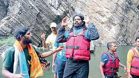 Jyothi Raj and team members at the bottom of Jog Falls on Wednesday morning