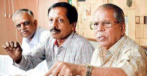 Bangalore Metro Rail Corporation Limited Employees Union vice-president  Suryanarayana Murthy and others at a press meet on Friday  (EPS |  Jithendra M)