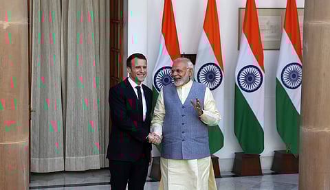 French president Emmanuel Macron and PM Modi in New Delhi on Saturday (Express Photo | Shekhar Yadav)