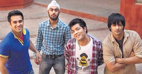 Pulkit, Manjot Singh, Varun and Ali in a still from Fukrey Returns