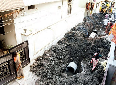 A whole road is dug up for sewage pipeline work at Manik Nagar of Jangammet in Hyderabad on Saturday | sayantan ghosh