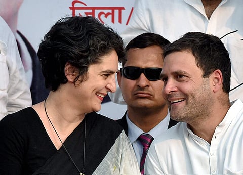 Congress President Rahul Gandhi with sister Priyanka Gandhi Vadra at an election rally in Rae Bareli on Friday. | PTI