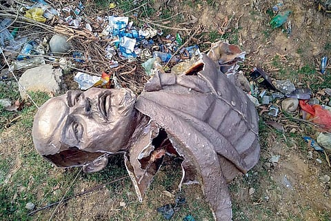 The Lenin statue that was toppled in Belonia in South Tripura. (EPS)