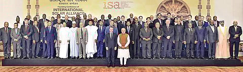 Prime Minister Narendra Modi and other world leaders at the founding conference of the International Solar Alliance at Rashtrapati Bhavan, in New Delhi on Sunday | PTI