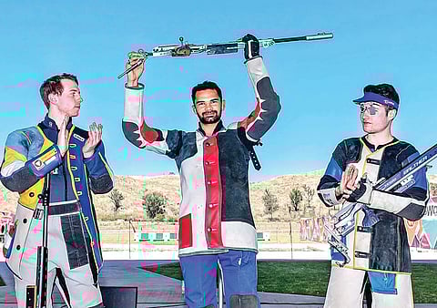 Akhil Sheoran (C) won the fourth gold medal for India at the ISSF World Cup in Guadalajara, Mexico on Sunday