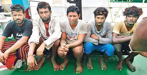 The five Sri Lankan fishermen, who were arrested by the Indian Coast Guard for violating the IMBL rules and regulations | Express