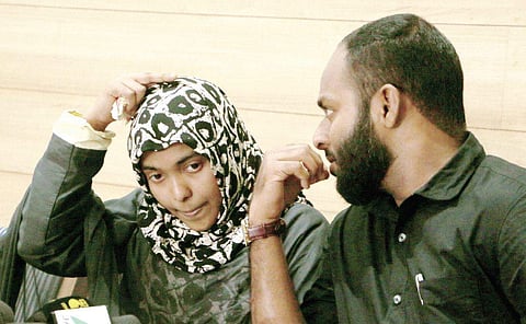 Hadiya and Shefin Jahan attend a press meet in Kozhikode on Monday  | T P Sooraj