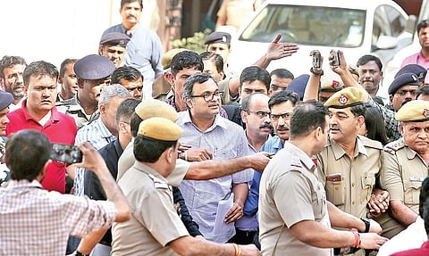 Karti Chidambaram coming out of Patiala House Court after the CBI Court sent him in judicial custody till March 24 in the INX Media corruption case in New Delhi on Monday | EXPRESS